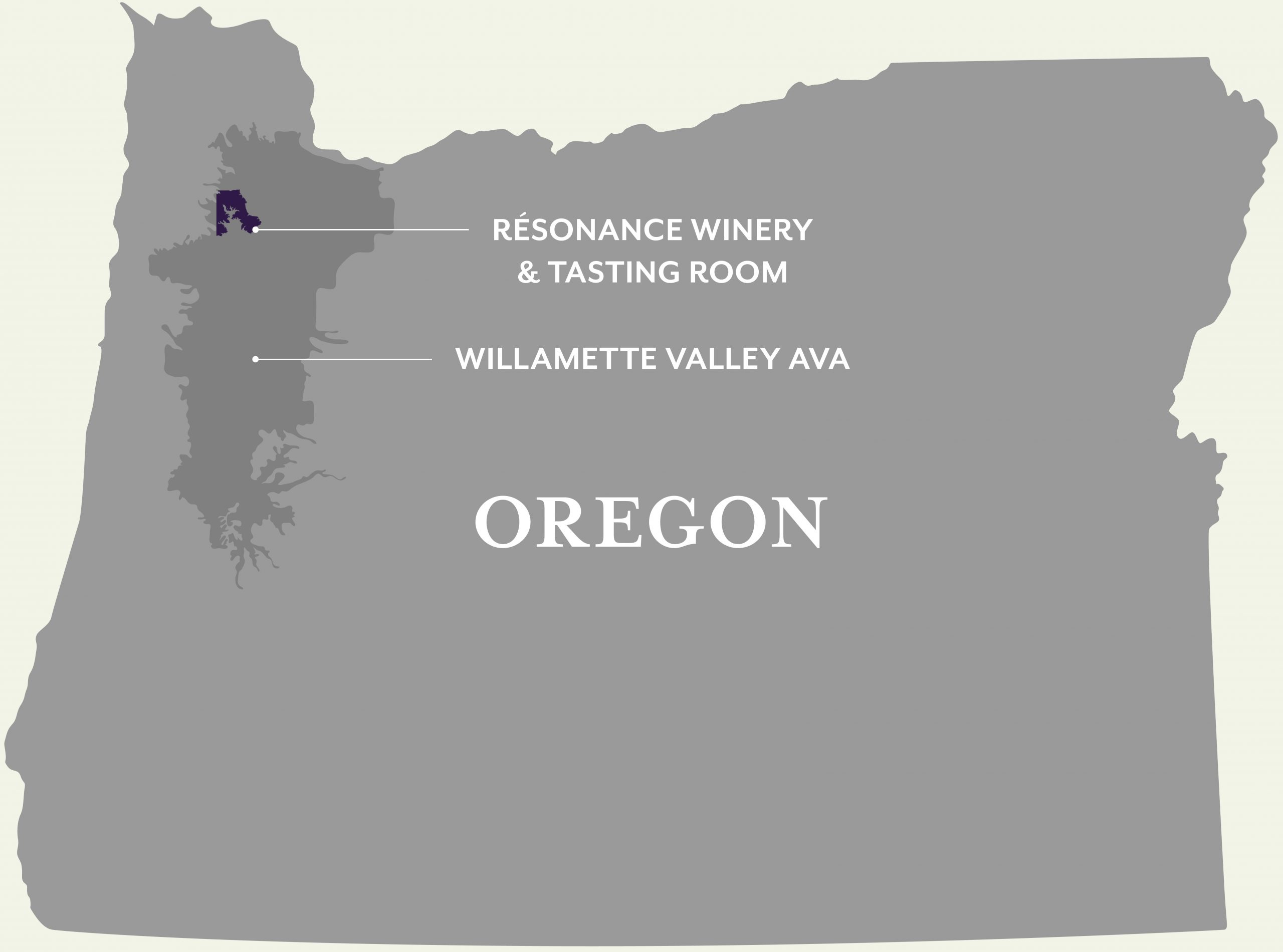 RES_Vineyard_WillametteValley Map of Oregon with Résonance Winery & Tasting Room marked